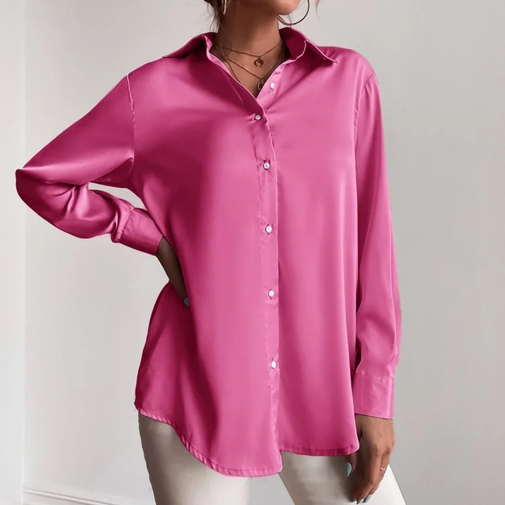 Hot Pink Preppy Womens Button Up Solid Shirt - Picture 3 of 5
